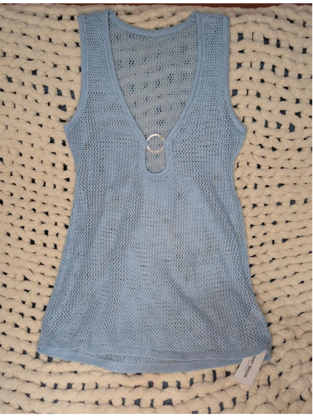 Women's Fairy Season Light Blue Knit Tank Top XL Beach Cover up with Silver Ring